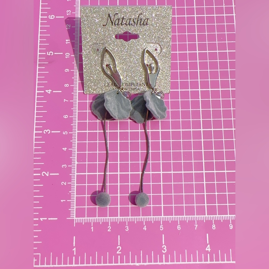 Natasha Velvet Grey Ballet Girl Ballerina Silver Tone Long Tassels Drops Earring